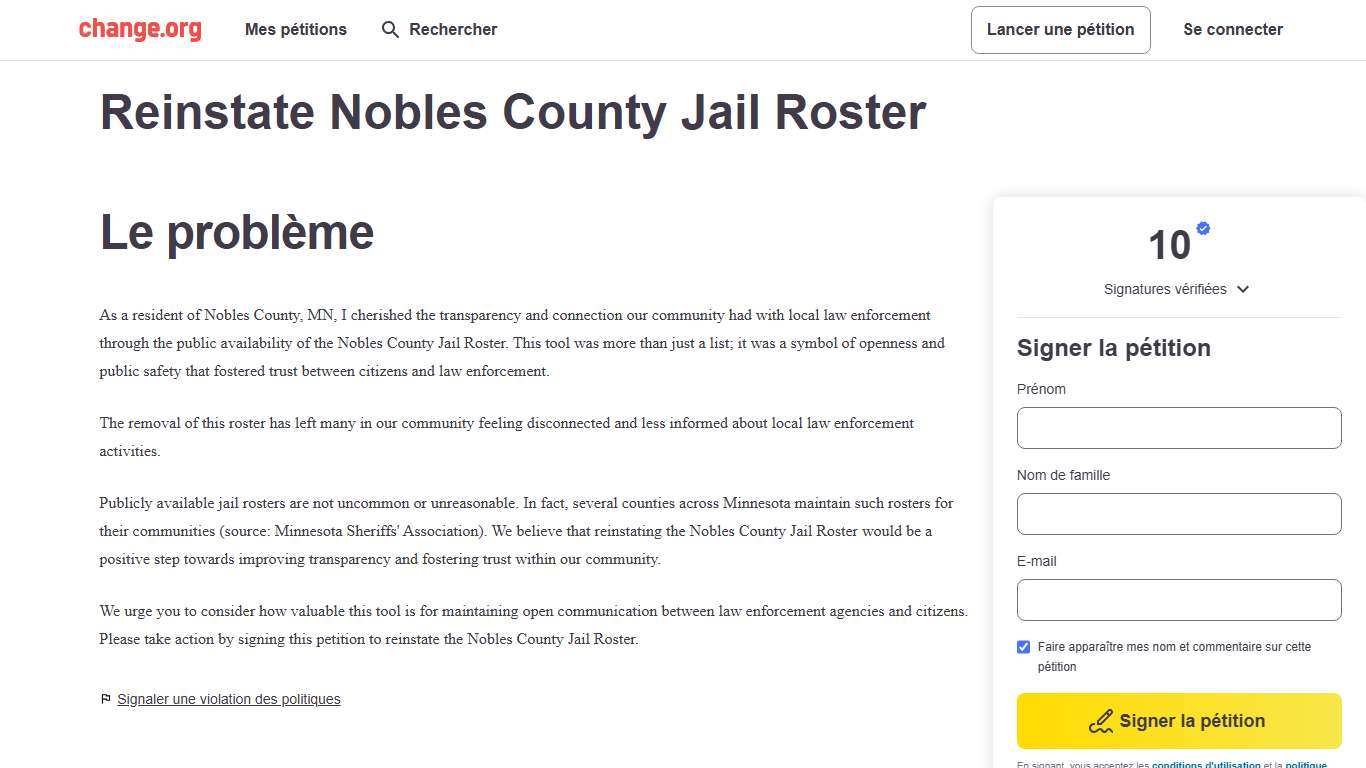 Pétition · Reinstate Nobles County Jail Roster - États-Unis · Change.org